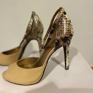 BCBG peep toe, ankle strap snake skin